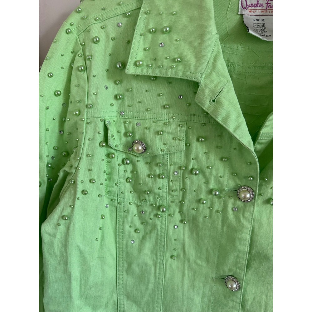Quacker Factory Lime Green Pearl Rhinestone Denim Jacket Womens Large Neon lime - Picture 3 of 8